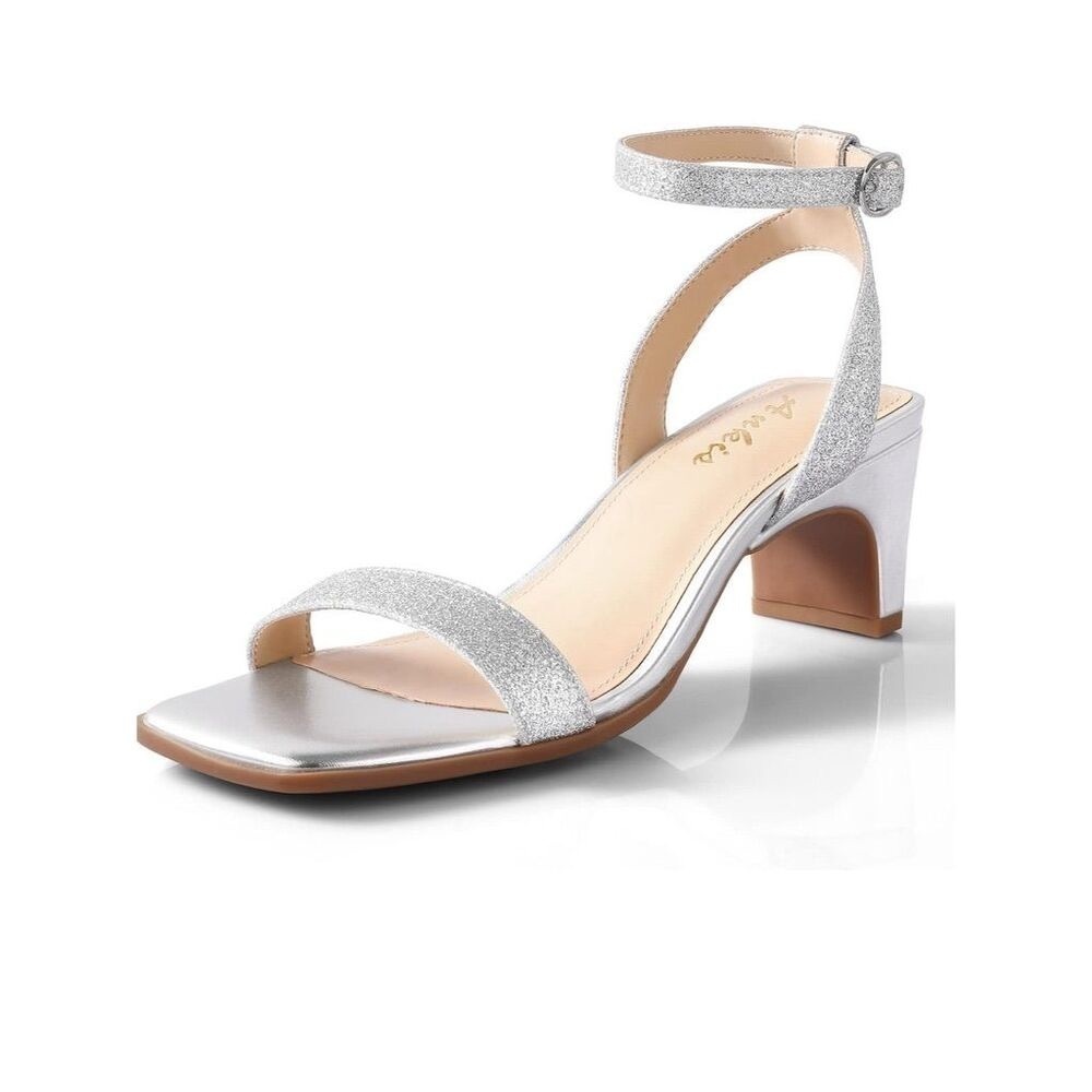 Ankis Silver Glitter Ankle Strap Block Heel Sandals